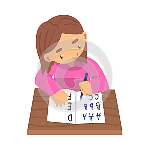 Lovely Girl Learning to Write, Elementary School Student Sitting at Desk and Writing Letters in Notebook Cartoon Vector