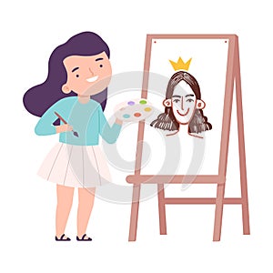 Lovely Girl Painting Princess on Canvas with Palette and Brush, Little Artist Character on Drawing Easel with Paints
