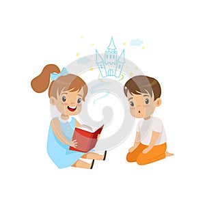 Lovely girl reading fairy tail fantasy book to little boy, kids fabulous imagination vector Illustration on a white