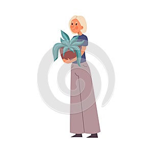 A lovely girl stands with a pot of house plant in hands. vector illustration in flat cartoon style.