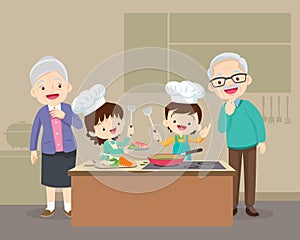 Lovely grandparent with grandchild boy and girl cooking in kitchen