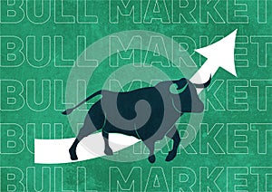 Lovely green bull and a upward arrow indicating the up of the stock market with repeating text say bull market, stock market up