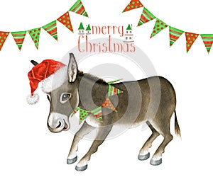 Lovely greeting card Merry Christmas with funny donkey