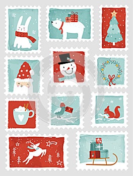 Lovely hand drawn Christmas stamps, Cartoon style, decorative elements. Holiday vector stickers illustrations set