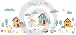 Lovely hand drawn easter seamless pattern with cute decorations, sweet hand drawn bunnies, eggs and flowers - vector design