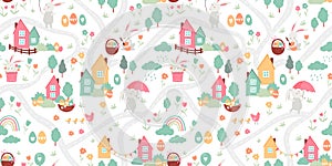Lovely hand drawn easter seamless pattern with cute decorations, sweet hand drawn bunnies, eggs and flowers - vector design