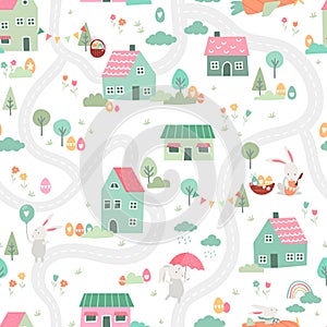 Lovely hand drawn easter seamless pattern with cute decorations, sweet hand drawn bunnies, eggs and flowers - vector design