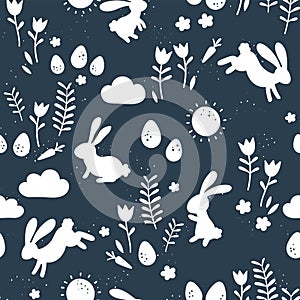 Lovely hand drawn Easter seamless pattern, doodle bunnies, eggs and flowers, great for banners, wallpapers, wrapping, textiles -