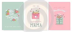 Lovely hand drawn Mother`s Day designs, cute flowers and handwriting in German saying