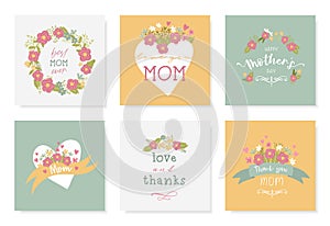 Lovely hand drawn Mother`s Day designs, cute flowers and handwriting, great for cards, invitations, gifts, banners - vector desig