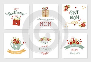 Lovely hand drawn Mother`s Day designs, cute flowers and handwriting, great for cards, invitations, gifts, banners - vector desig