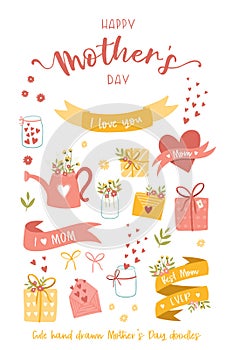 Lovely hand drawn Mother`s Day doodle elements, flowers, banderole, lettering and decoration, great for print products, cards,