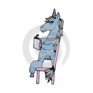 Lovely hand-drawn unicorn-girl reading the book on a bench.