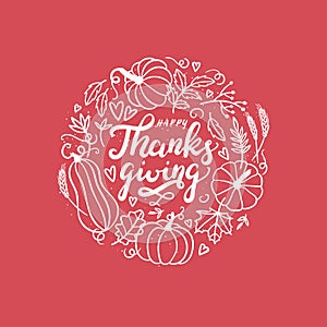 Lovely hand drawn and written Thanks Giving Design, cute pumpkins, leaves and font, great for Thanksgiving banners, wallpapers,