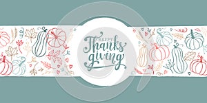 Lovely hand drawn and written Thanks Giving Design, cute pumpkins, leaves and font, great for Thanksgiving banners, wallpapers,