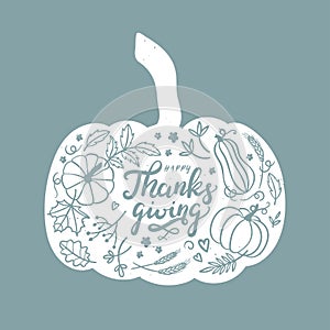 Lovely hand drawn and written Thanks Giving Design, cute pumpkins, leaves and font, great for Thanksgiving banners, wallpapers,