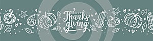 Lovely hand drawn and written Thanks Giving Design, cute pumpkins, leaves and font, great for Thanksgiving banners, wallpapers,