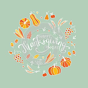 Lovely hand drawn and written Thanks Giving Design, cute pumpkins, leaves and font, great for Thanksgiving banners, wallpapers,