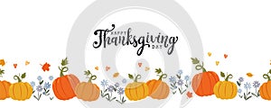 Lovely hand drawn and written Thanks Giving Design, cute pumpkins, leaves and font, great for Thanksgiving banners, wallpapers,