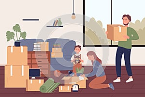 Lovely happy family moving into new apartment character flat vector illustration concept