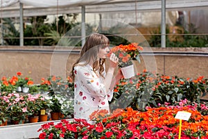 Lovely happy young woman gardener choosing flower pot with anthuriums in garden center