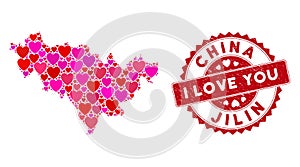 Lovely Heart Collage Jilin Province Map with Grunge Watermark