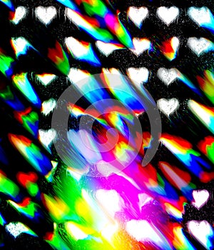 Lovely heart with glitch movement lines and rain drop on black with rainbow light background