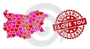 Lovely Heart Mosaic Bulgaria Map with Distress Watermark