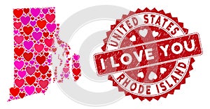 Lovely Heart Mosaic Rhode Island State Map with Distress Watermark