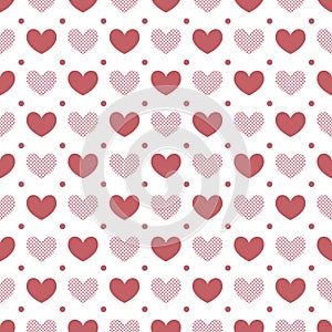 Lovely heart seamless pattern vector illustration isolated on white background. Decorative dark, light, and striped red hearts.
