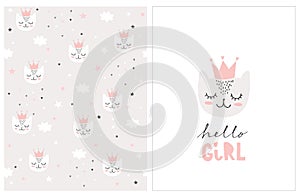 Lovely Hello Girl Vector Card and Pattern. Simple Baby Shower Illustrations.