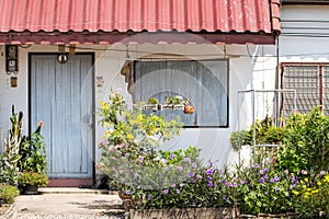 Lovely house front with closed window and flowers, little maisonette and cottage photo