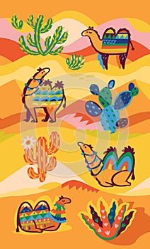 Lovely illustration of camels, desert and cactuses in tribal style. Vertical design