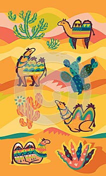 Lovely illustration of camels, desert and cactuses in tribal style. Vertical design