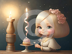 Lovely illustration of a pretty smiling child girl next to a birthday cupcake in the light of a candle. AI generated