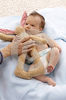 Lovely infant with plush bunny