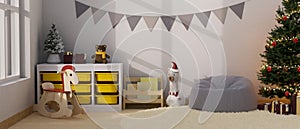 Lovely kid`s playroom or kid`s bedroom on Christmas holiday interior design