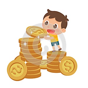 Lovely kid saving money coins-a child stands on the coins and holds a coin.