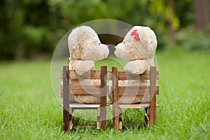 Lovely kiss teddy bear sit on wooden chair, Concept wedding of l