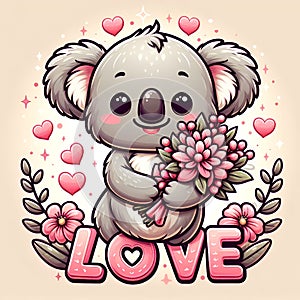 A lovely koala pose in cute with pink flower, in a love scene, love sign arounds, cartoon, digital art