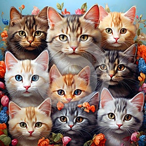 Lovely large group of kittens in a row on a blue background