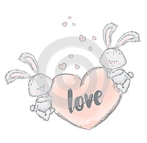 Lovely leverets Heart. Rabbits in the vector. Cute love card.