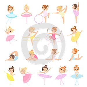 Lovely Little Ballerina in Tutu Skirt and Leotard Dancing and Training Big Vector Set