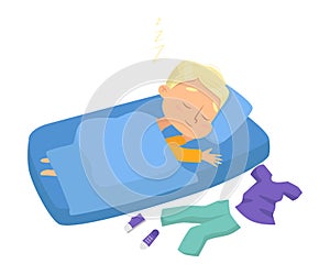 Lovely Little Boy Sleeping Sweetly in his Bed, Bedtime, Sweet Dreams of Adorable Kid Concept Cartoon Style Vector