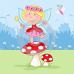 Lovely little fairy dancing on the red mushroom and cute butterfly