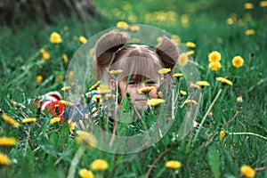 Lovely little five-year girl hid in green grass.