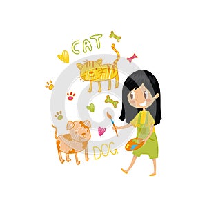 Lovely little girl painting animals with color paints and brush on the wall, young artist, kids activity routine vector