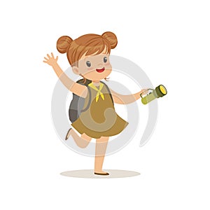 Lovely little girl in scout dress with flashlight, outdoor camp activity vector Illustration