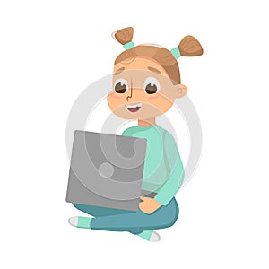 Lovely Little Girl Sitting on Floor with Crossed Legs Using Laptop Computer, Online Education or Course, Kid Programmer