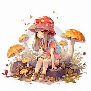 A lovely little girl was gathering mushrooms generative AI